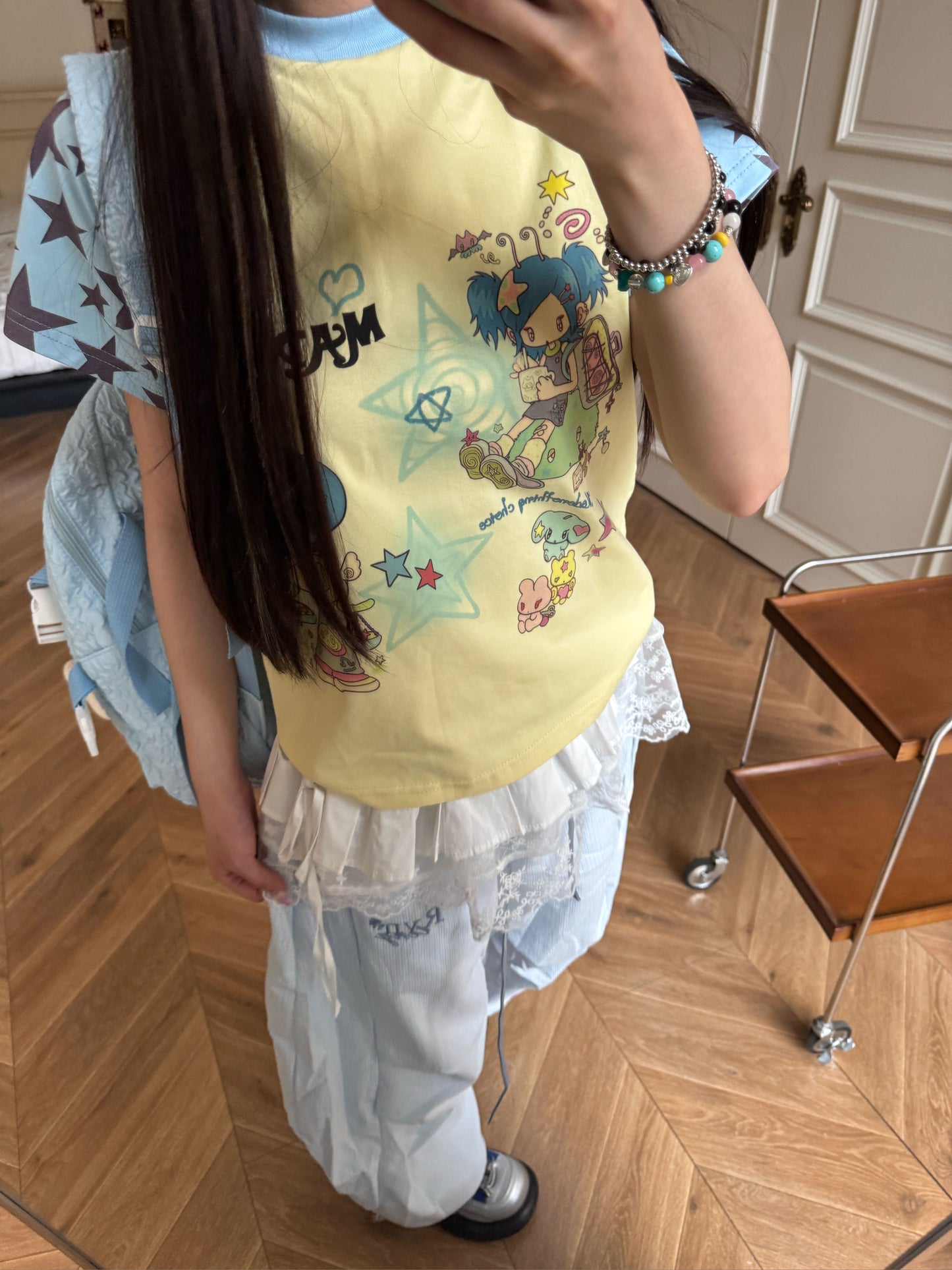 Y2K复古卡通印花拼色星星宽松T恤