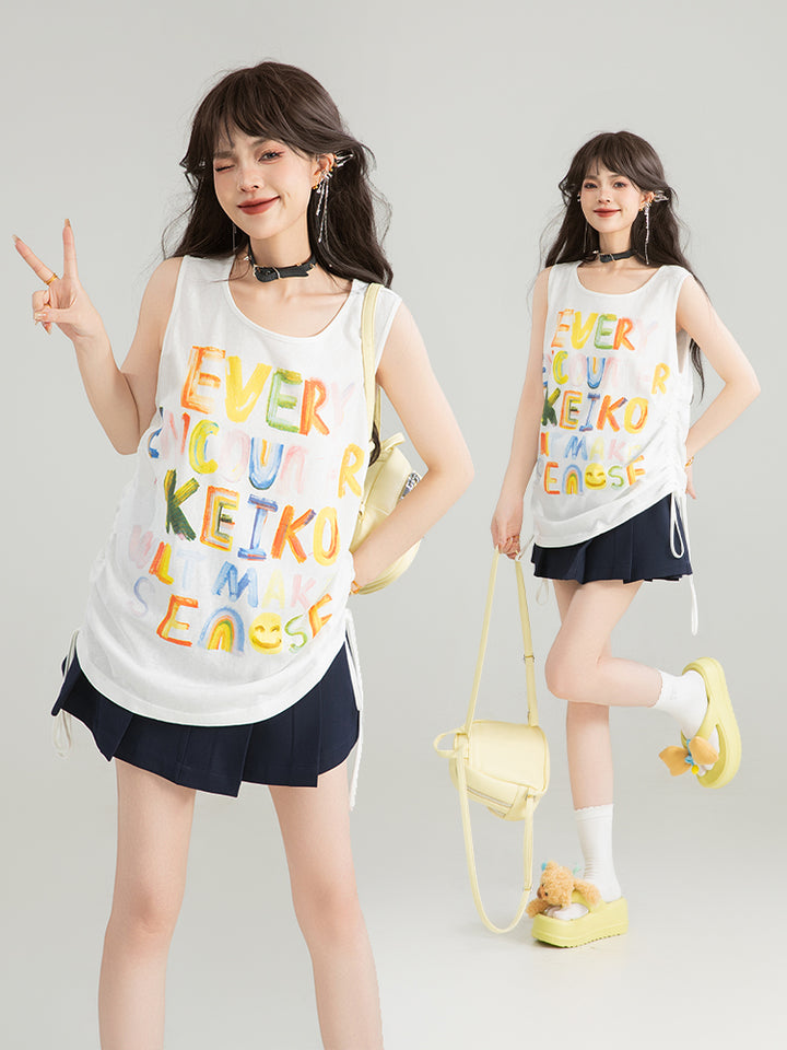 KEIKO graffiti letters loose camisole summer hot girl dopamine wear slim sleeveless outerwear top 