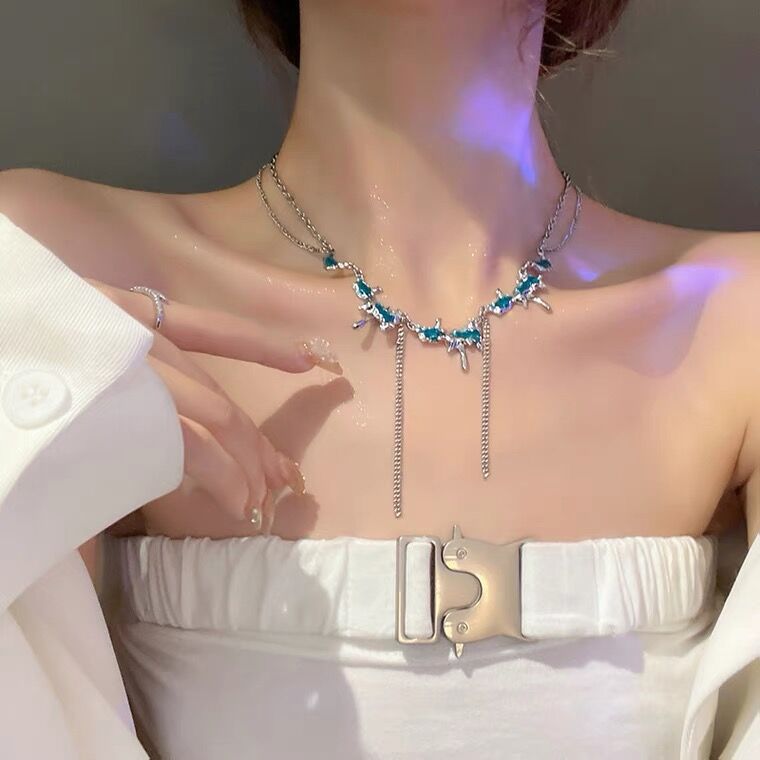 Y2K海洋蓝珐琅欧泊石项链