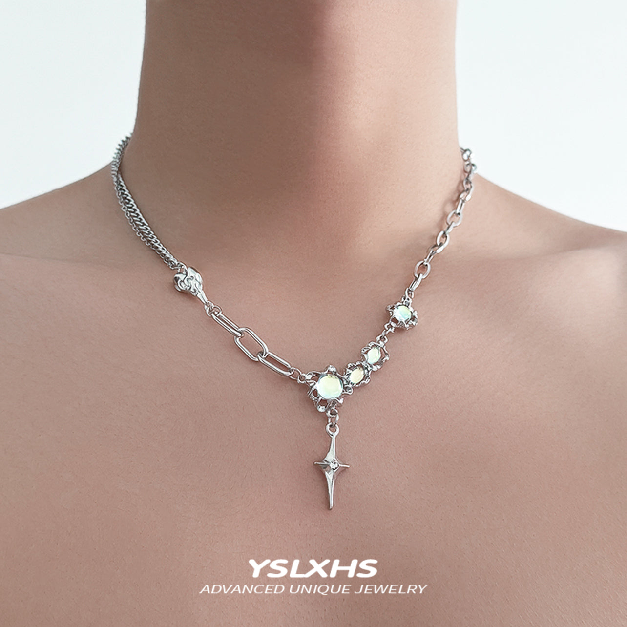 Y2K星芒吊坠不对称链条月光石欧泊项链