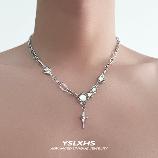 Y2K星芒吊坠不对称链条月光石欧泊项链