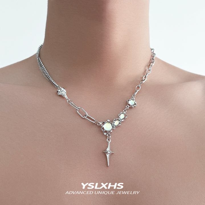 Y2K星芒吊坠不对称链条月光石欧泊项链
