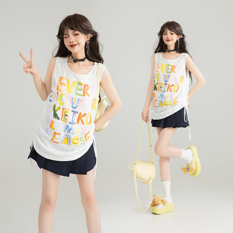 KEIKO graffiti letters loose camisole summer hot girl dopamine wear slim sleeveless outerwear top 