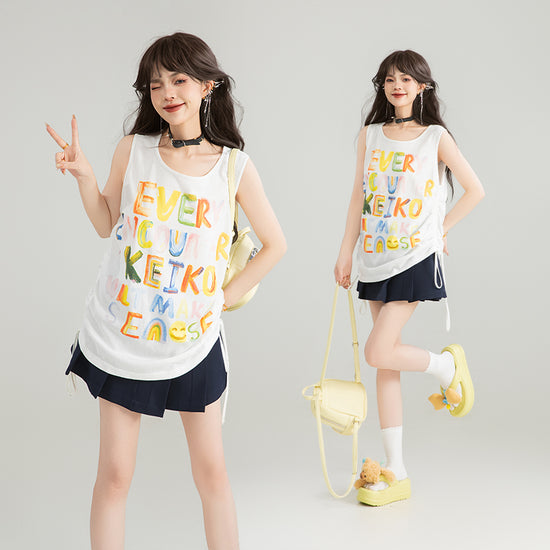 KEIKO graffiti letters loose camisole summer hot girl dopamine wear slim sleeveless outerwear top 