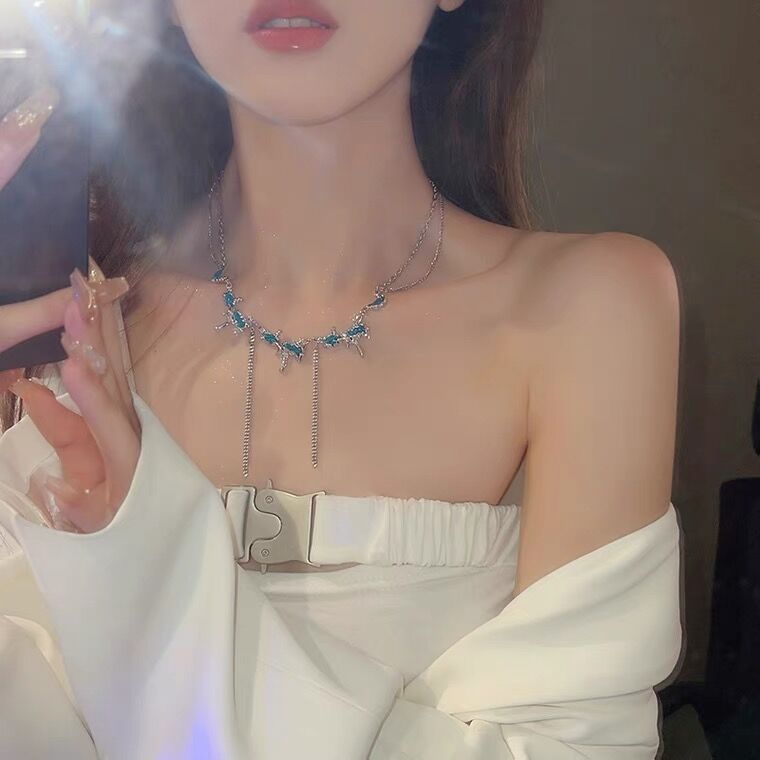 Y2K海洋蓝珐琅欧泊石项链