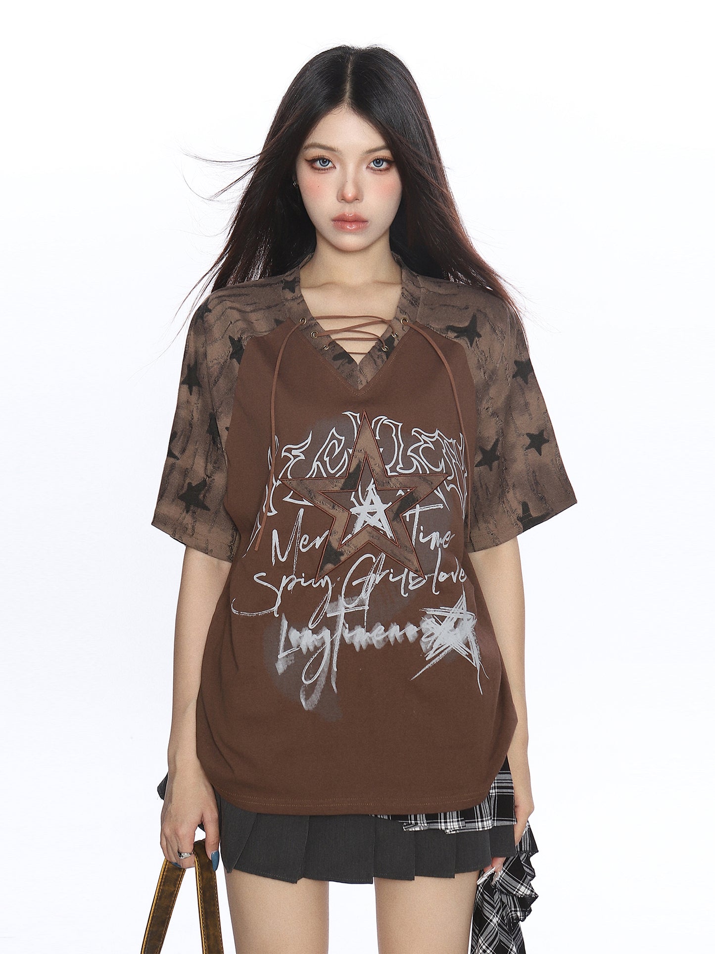 Y2K Star Graffiti Lace-Up Raglan Tee