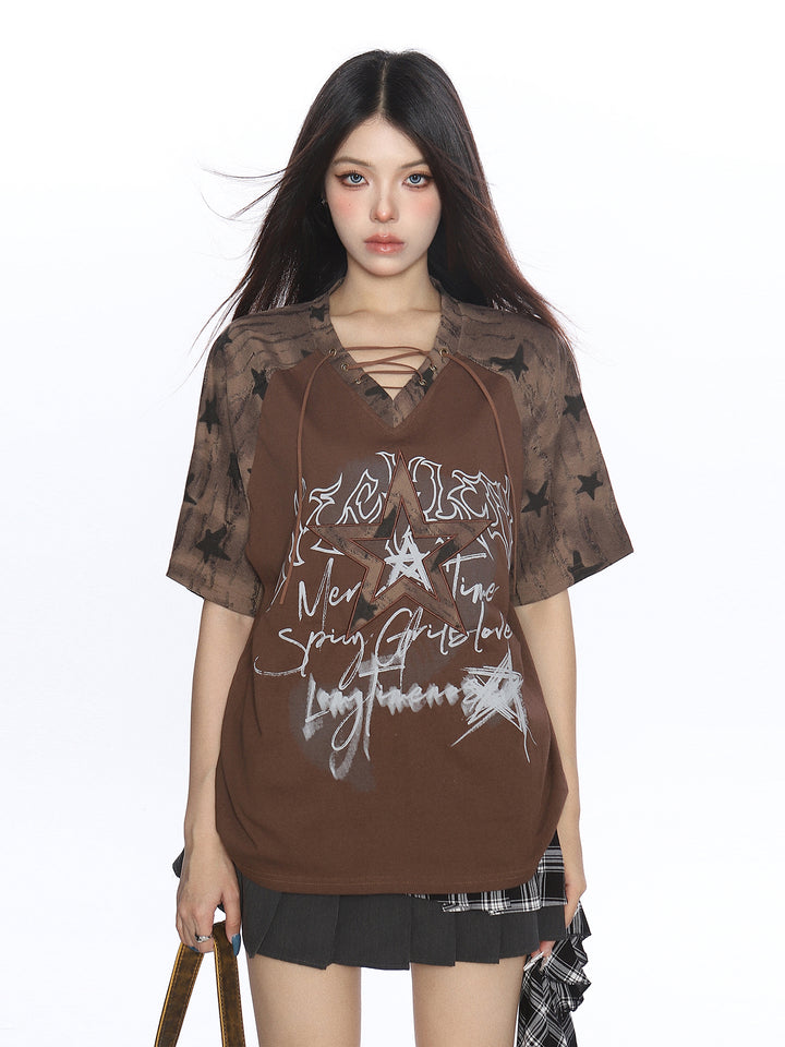 Y2K Star Graffiti Lace-Up Raglan Tee