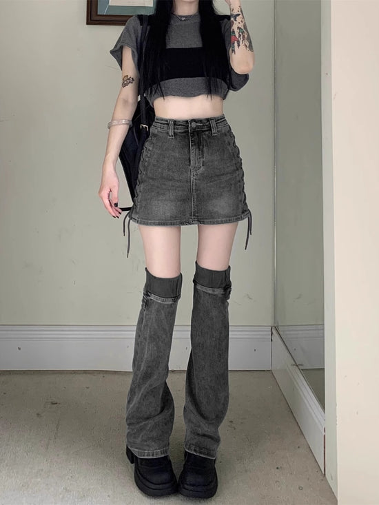 Y2K美式辣妹绑带牛仔裙套装（含腿套）
