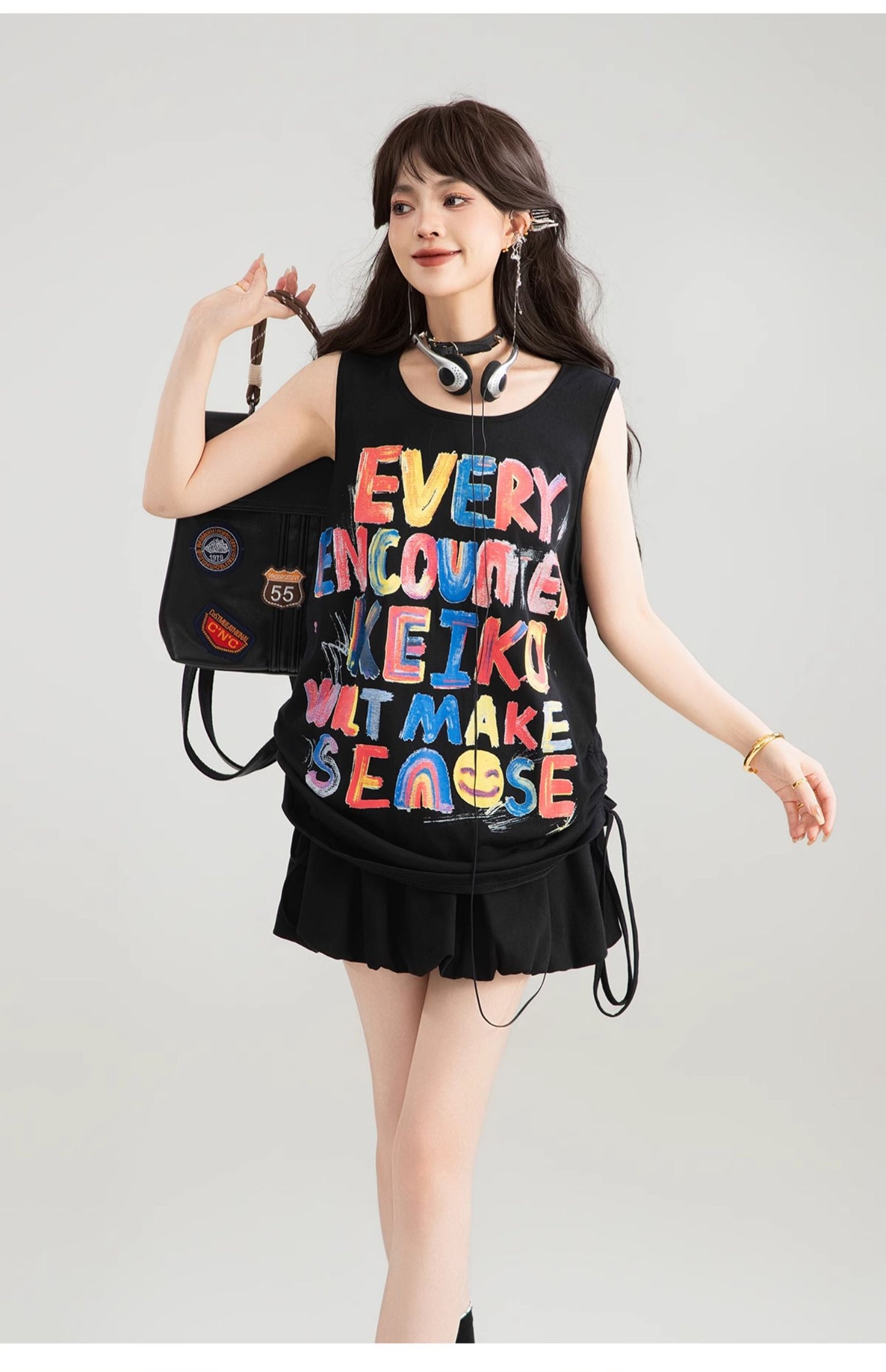 KEIKO graffiti letters loose camisole summer hot girl dopamine wear slim sleeveless outerwear top 