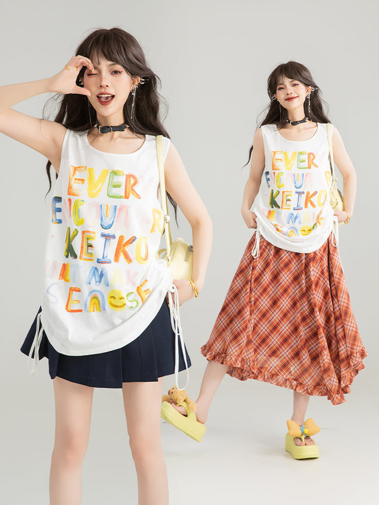 KEIKO graffiti letters loose camisole summer hot girl dopamine wear slim sleeveless outerwear top 
