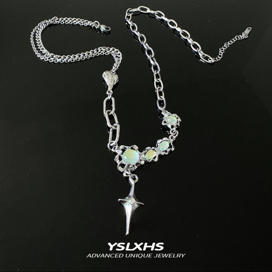 Y2K星芒吊坠不对称链条月光石欧泊项链