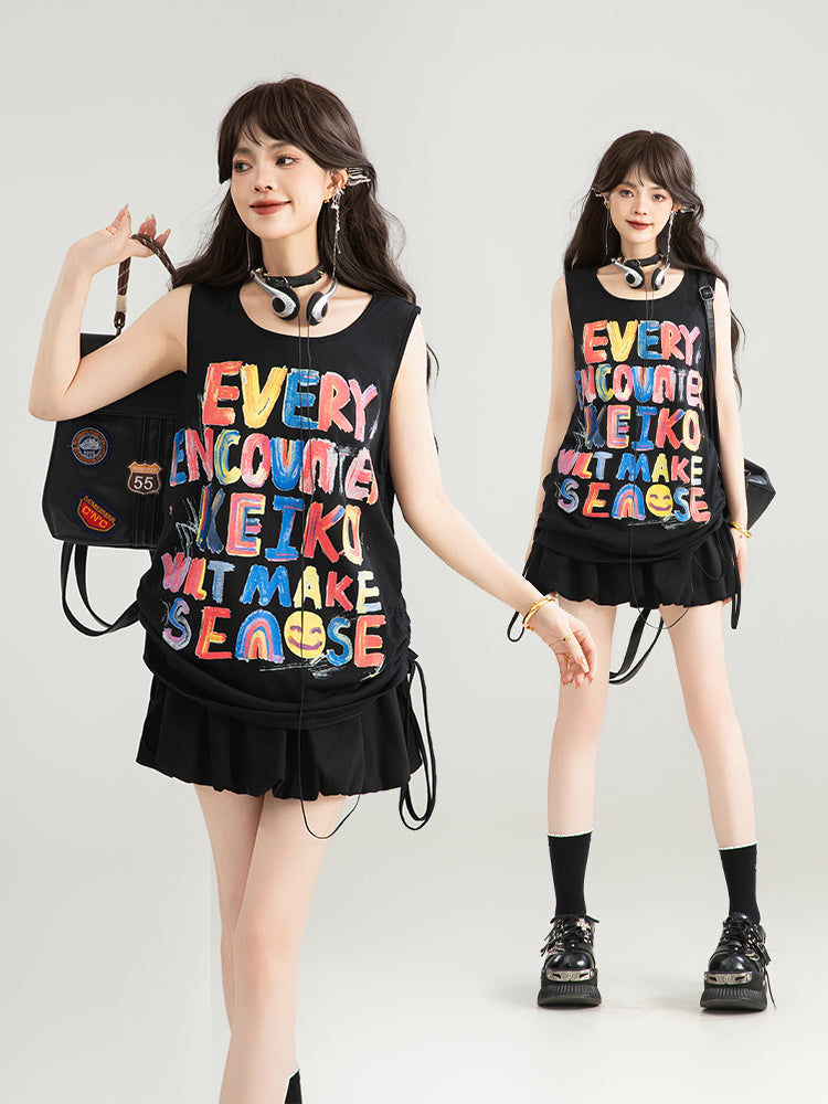 KEIKO graffiti letters loose camisole summer hot girl dopamine wear slim sleeveless outerwear top 