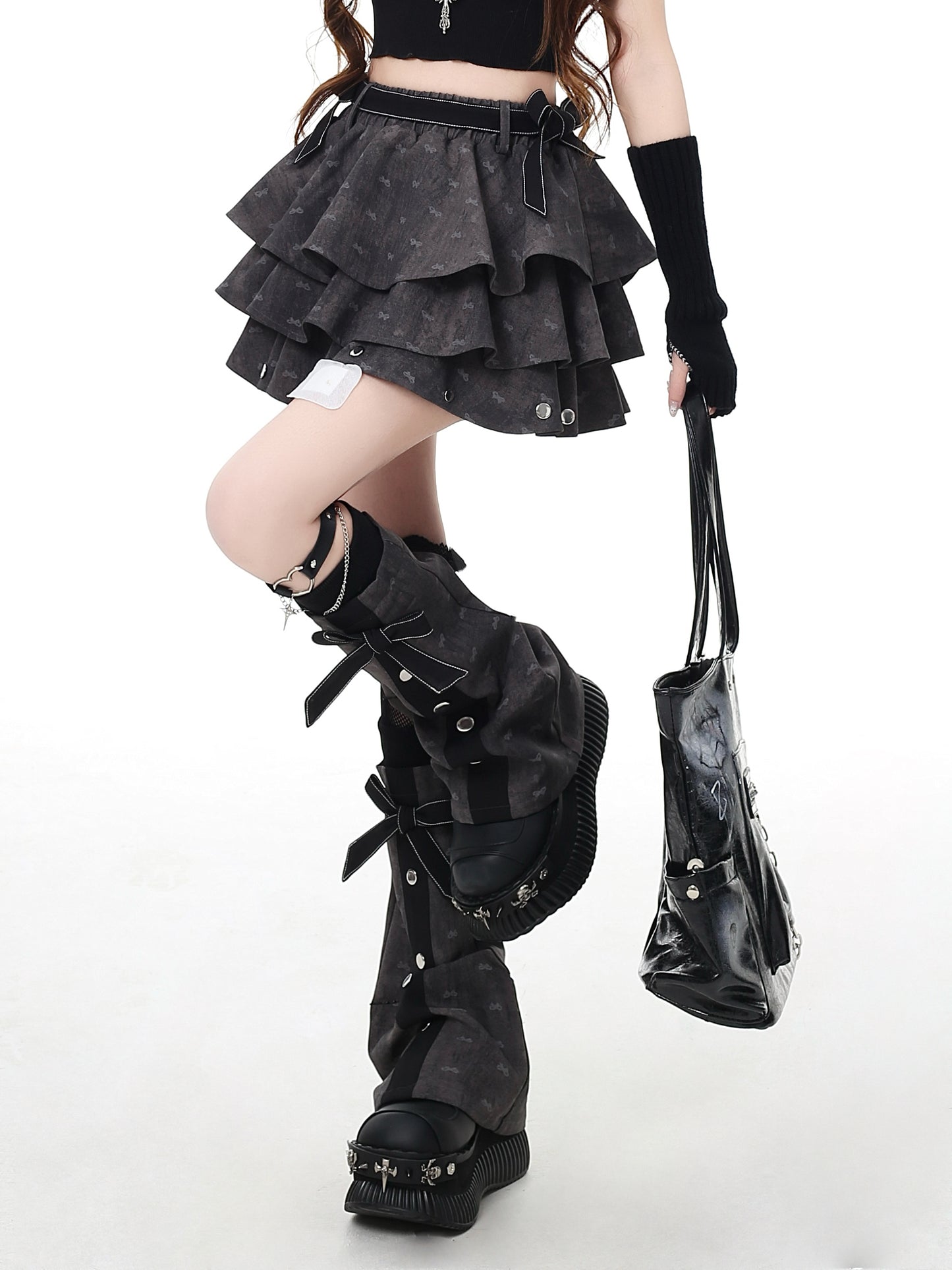 Grey Layered Ruffle Skirt with Bow Leg Warmers