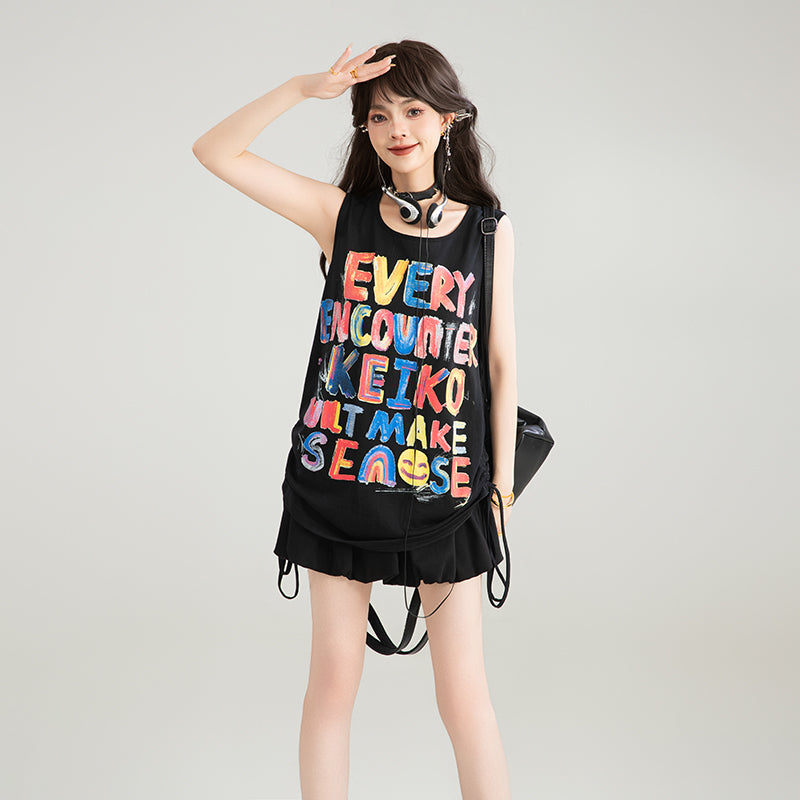 KEIKO graffiti letters loose camisole summer hot girl dopamine wear slim sleeveless outerwear top 
