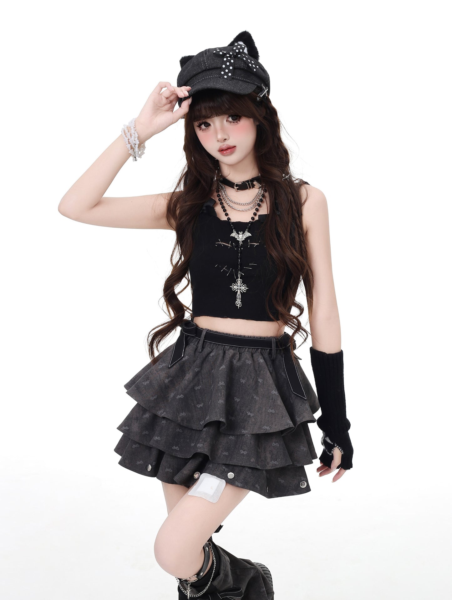 Grey Layered Ruffle Skirt with Bow Leg Warmers
