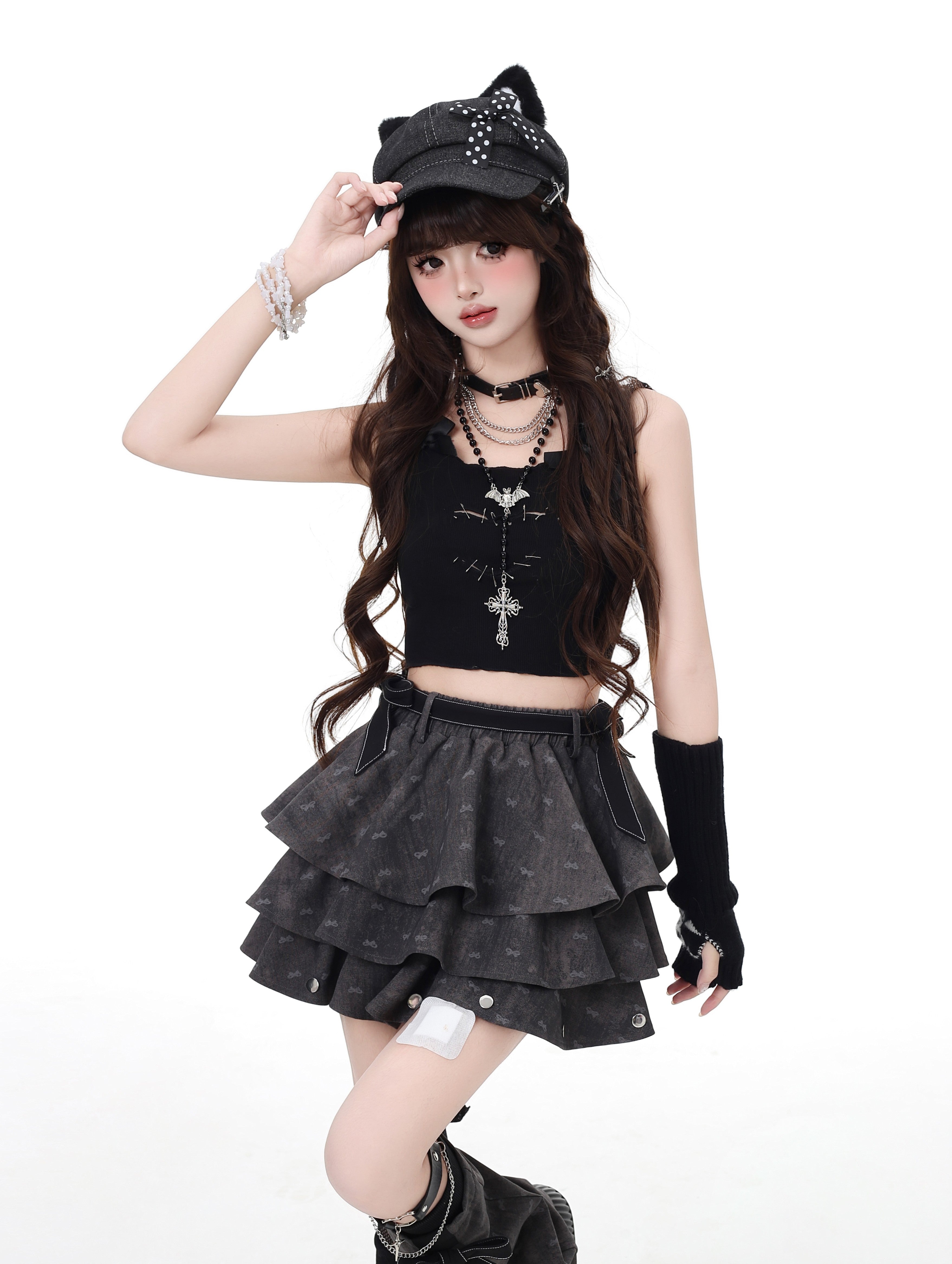 Grey Layered Ruffle Skirt with Bow Leg Warmers