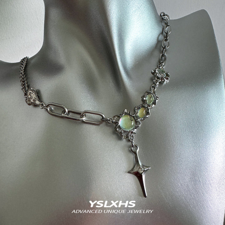 Y2K星芒吊坠不对称链条月光石欧泊项链