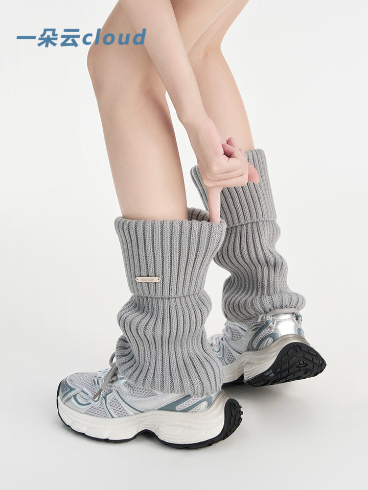A cloud subculture metal label gray knitted socks pile socks hot girl y2k leg warmers calf socks 