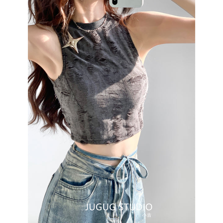 Star Distressed Crop Tank Top